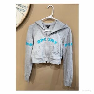 Bebe Sport Gray Zip-Up Crop Hoodie with Turquoise Blue Accents Size Large